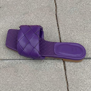 Aneikeh Vintage Square Toe Flat Weaving Sandals Women Open Toe Gingham Slipper Sandals Summer Pu Casual Flats Shoes Zapatos Muje