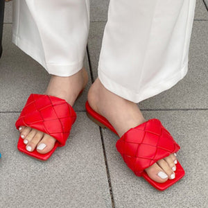 Aneikeh Vintage Square Toe Flat Weaving Sandals Women Open Toe Gingham Slipper Sandals Summer Pu Casual Flats Shoes Zapatos Muje