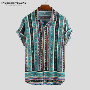 INCERUN estampado de estilo étnico casuales de los hombres, camisa de solapa cuello Streetwear Tops de manga corta 2019 suelta Tropical camisa hawaiana hombres S-5XL