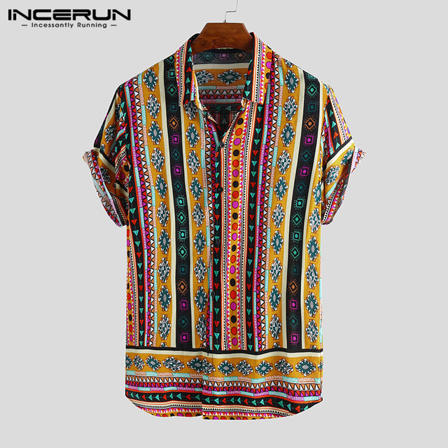 INCERUN estampado de estilo étnico casuales de los hombres, camisa de solapa cuello Streetwear Tops de manga corta 2019 suelta Tropical camisa hawaiana hombres S-5XL