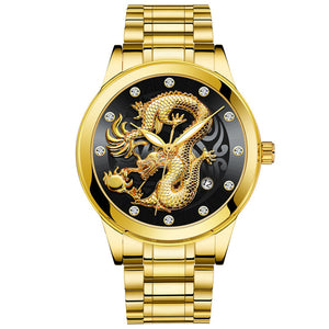 2020 Luxury Business Man Watch Full Steel Waterproof Quartz Wrist Watch Male Clock Fashion Embossed Gold Diamond Dragon Watches