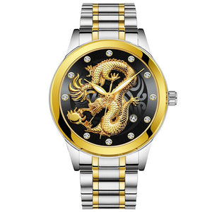 2020 Luxury Business Man Watch Full Steel Waterproof Quartz Wrist Watch Male Clock Fashion Embossed Gold Diamond Dragon Watches