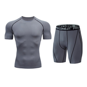 2020 New Mens Gyms Wear Fitness Training Shorts Men Dry Fit Running Compression Tight Sport Short Pants+T-Shirts Men's Sets